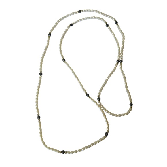Pearl Jewelry - Freshwater Rice Pearl Necklace &‎ Sterling Onyx Bead 36" Continuous Necklace